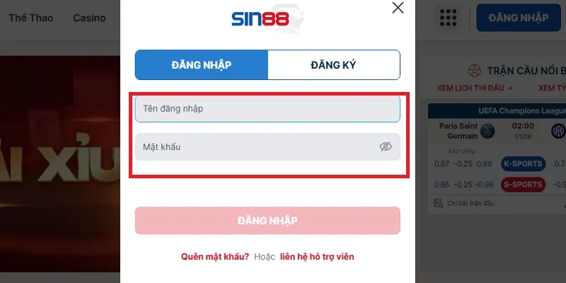 Điền thông tin tài khoản đăng nhập SIN88